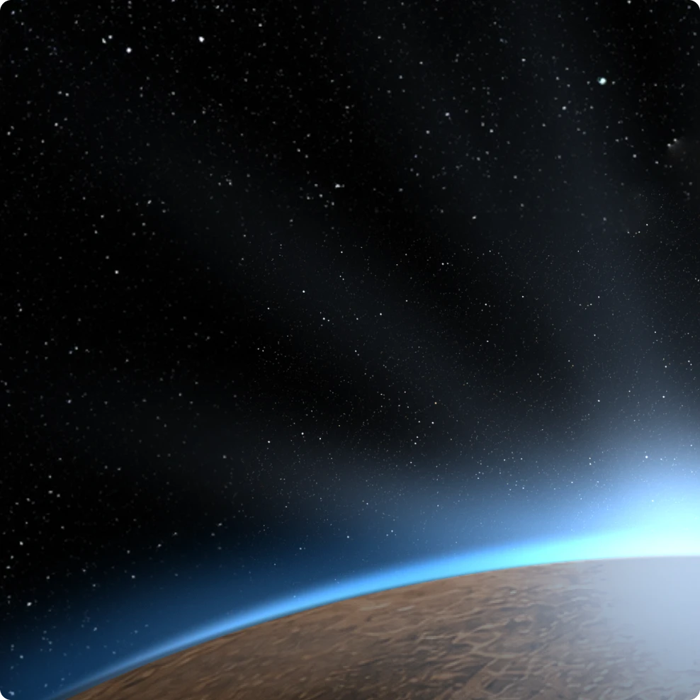 Orbital dawn artwork — a blue horizon breaking over a dark planet, the Daybreak Blue motif