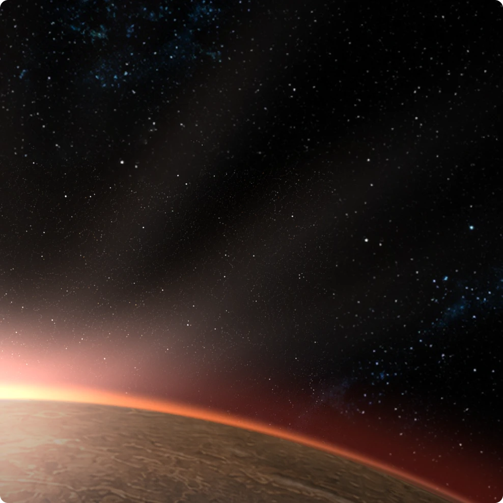 Orbital dusk artwork — a red horizon burning over a dark planet, the Daybreak Red motif